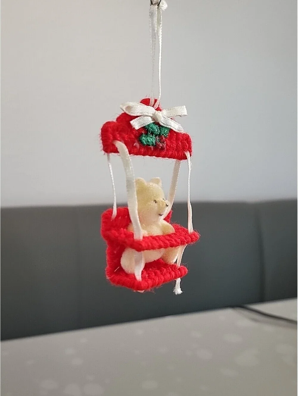 Vtg Mini Flocked Teddy Bear with Ornate Red Baby Swing Box Handmade 3